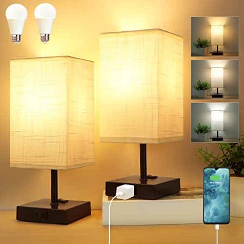 Dott Arts Table Lamp for Bedroom Set of 2,Minimalist Bedside Lamps with AC Outlets，Night Light 2700K 4000k 5000K Small Nightstand Lamps for Living Room Kids Room Office(Bulbs Included)